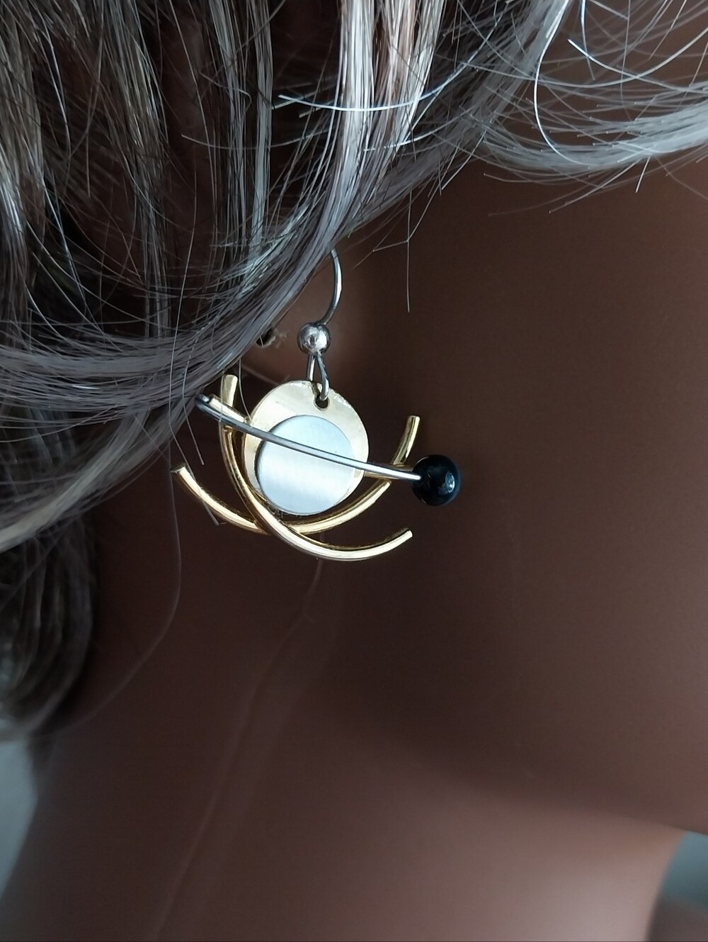 Modernist Gold and White Orb Drop Earrings with Black Accent